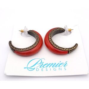 Premier Designs Piper Vintage Red Hoop Earrings Gold Tone Statement
